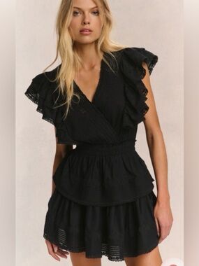 LoveShackFancy Gwen Ruffle Cotton Eyelet Mini Dress  - black XS